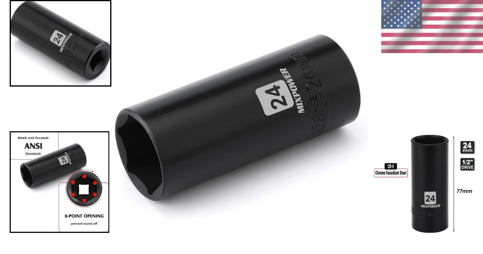 1/2-Inch Drive Impact Socket 24mm – Corrosion-Resistant CR-V 6 Point Design