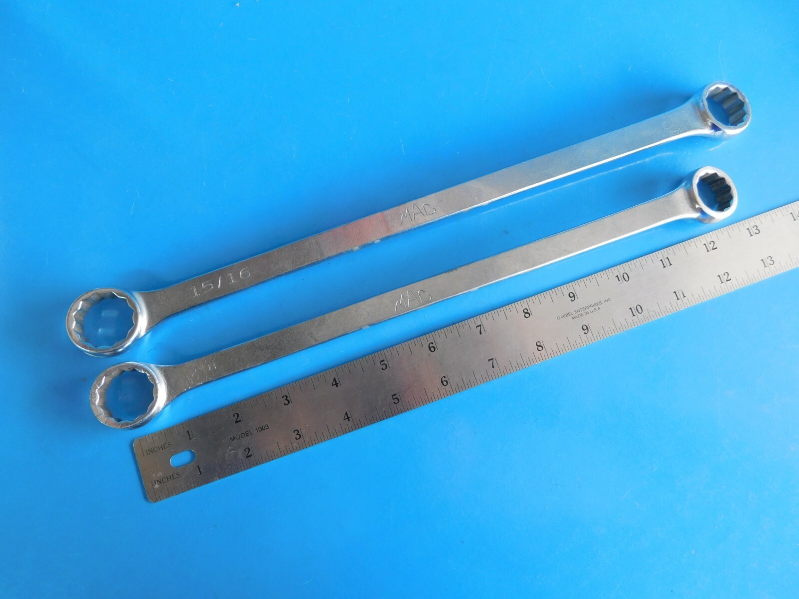 USED, MAC TOOLS (3/4X7/8 IN. & 13/16X15/16 IN.) LONG OFFSET BOX WRENCHS,LOT OF 2