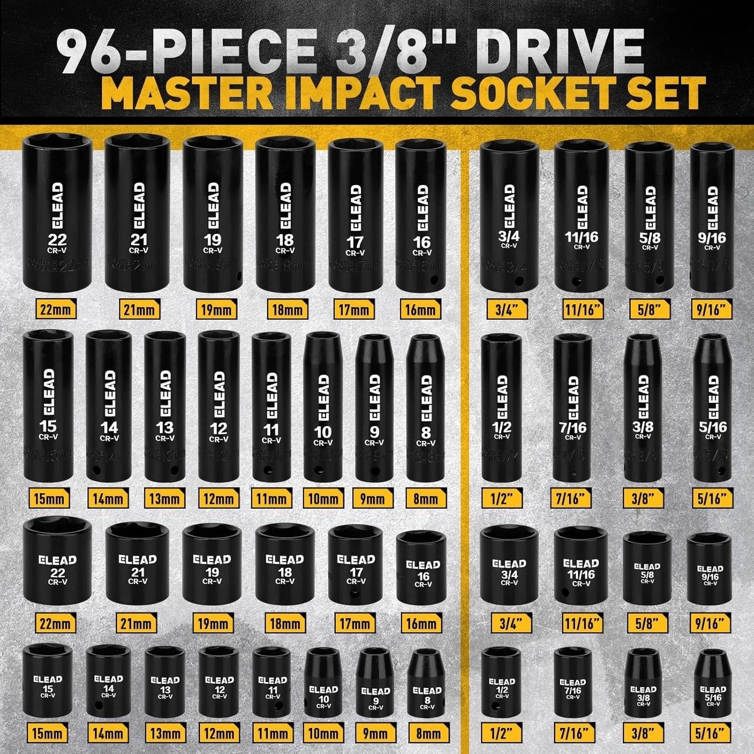 Versatile 96-Piece Impact Socket Set with Extension Bars & Spark Plug Sockets