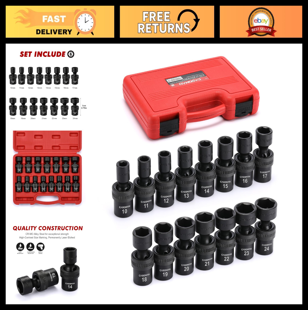 15 PCS 1/2″ Drive Universal Impact Socket Set, 6 Point Metric 10-24mm Tools