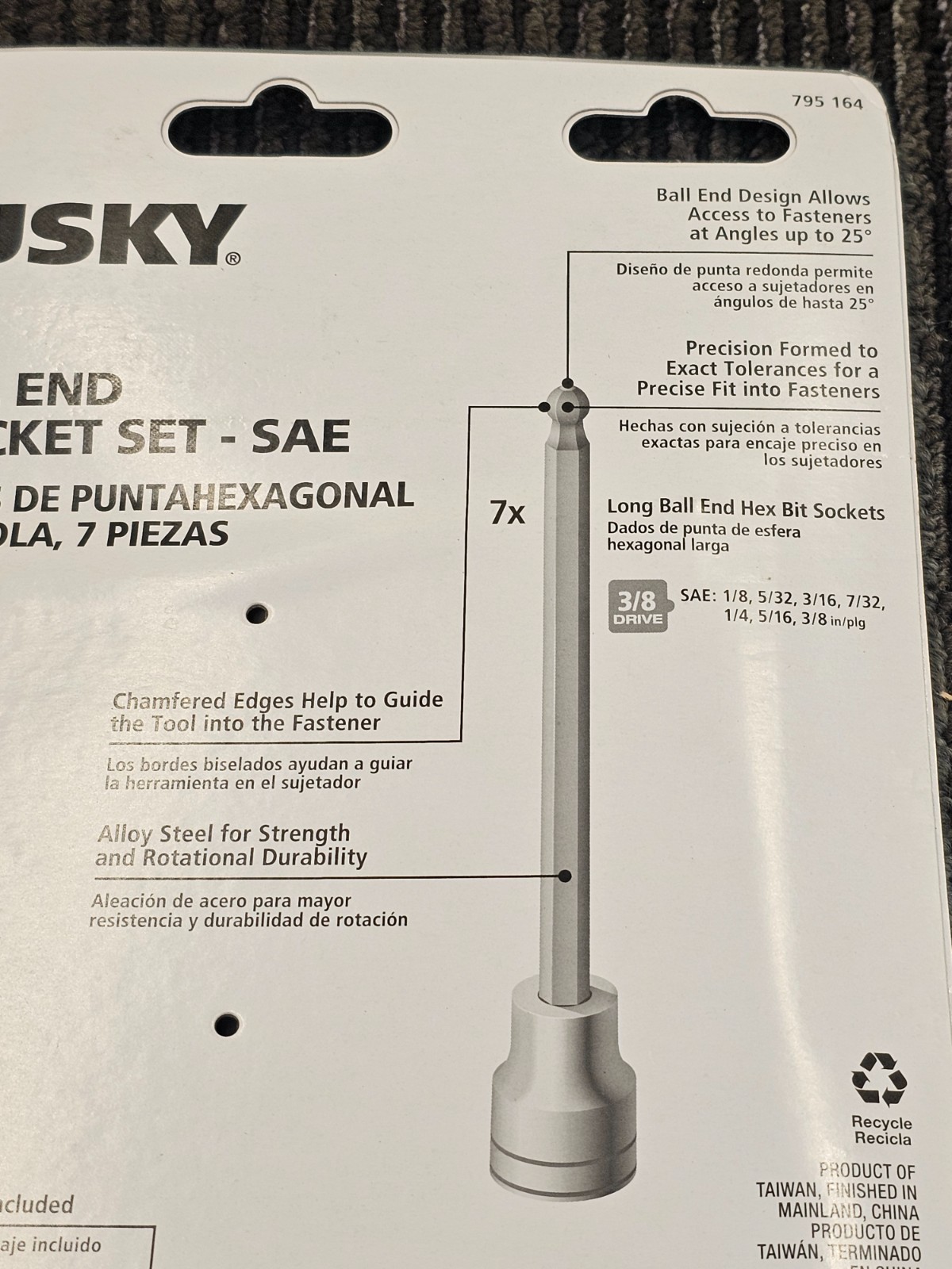 7 Pieces HUSKY 795164 3/8 in. Drive SAE Long Ball Hex Bit Socket Assembly