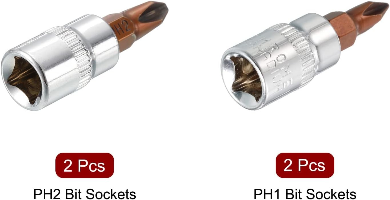 uxcell 1/4″ Drive x PH1 & PH2 Phillips Bit Socket Set of 4 Pcs, S2 One Size