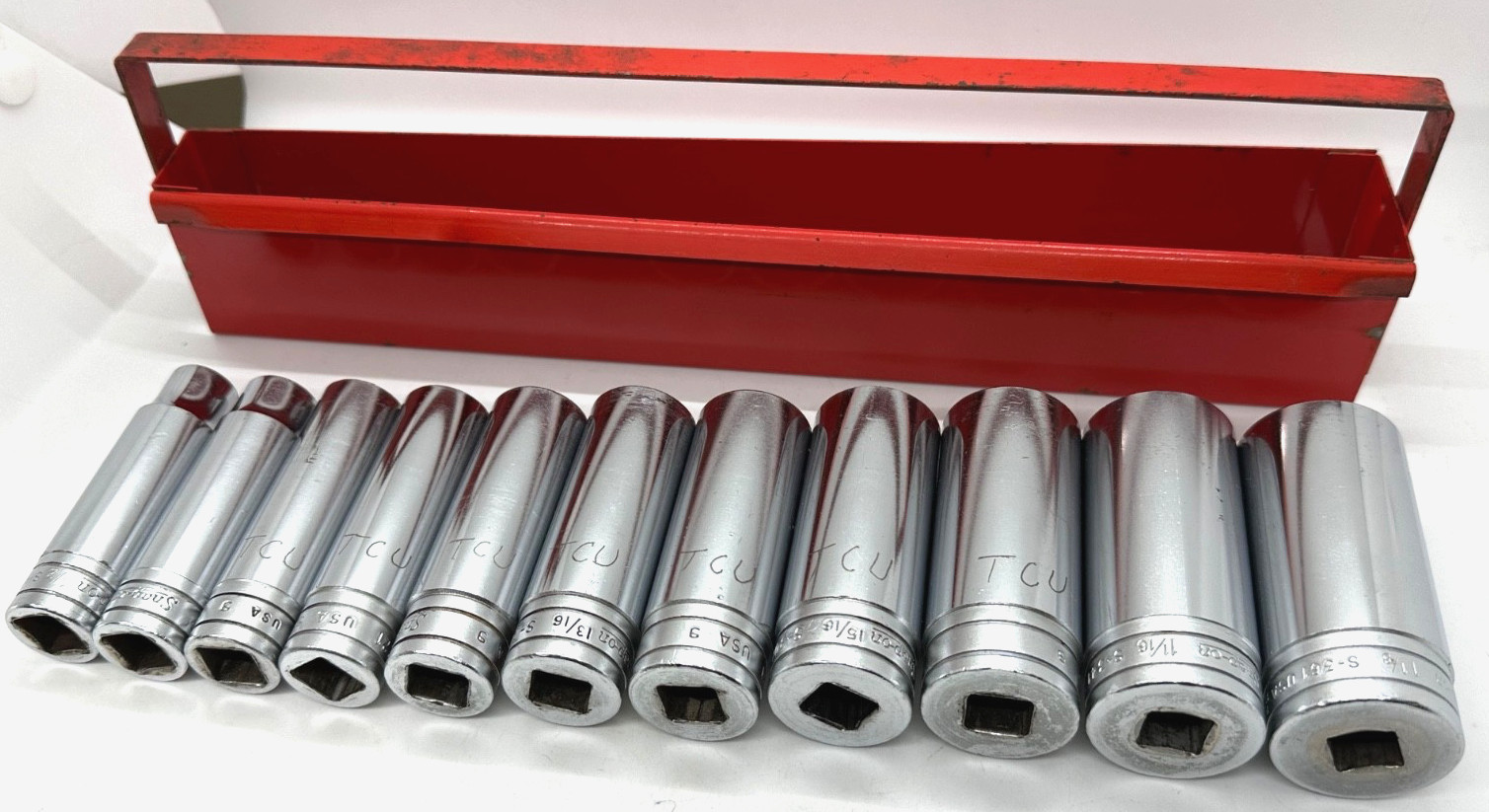 🇺🇸 Snap On Tools 1/2″ DEEP SAE 1/2″- 1-1/8″ Socket Set Lot 12-PT Red Tray USA