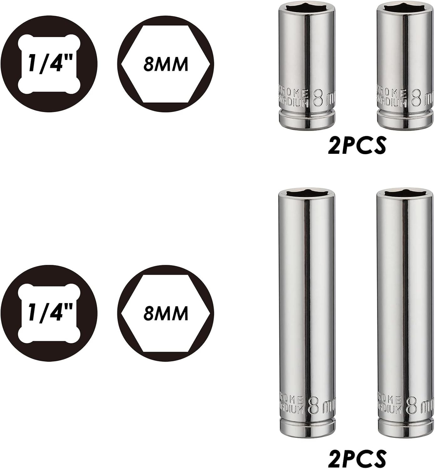 4PCS 1/4″Drive 8mm Deep&Shallow Socket, 6 Point, Cr-V Steel, 8mm