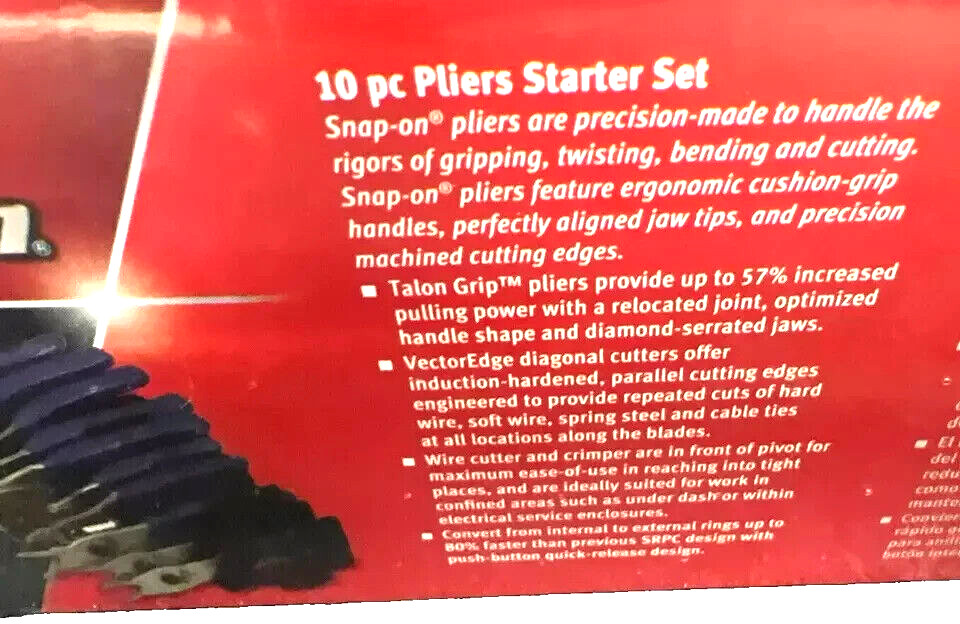 New Snap-on™ PL1000STARTMB 10pc Pliers Starter Set Needle Nose Cutters Crimper
