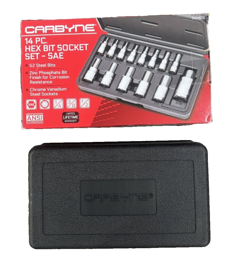 CARBYNE Hex (Allen) Bit Socket Set – 14 Piece, SAE 5/64″ to 1/2″ S2 Steel Bits