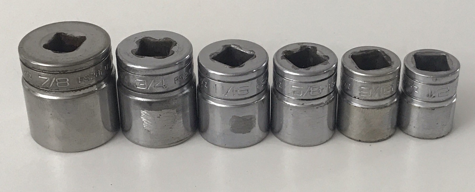 6 Piece 1/2’-7/8” Snap-on Sockets 6pt fs281 fs241 fs221 fs201 fs181 fs161 READ