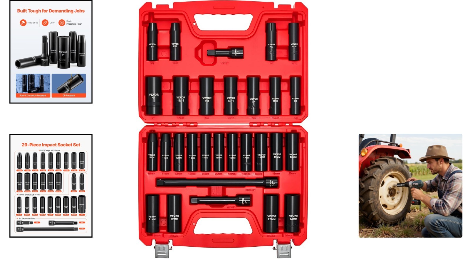 Versatile 29-Piece Deep Impact Socket Set, SAE & Metric – Black Phosphate Finish