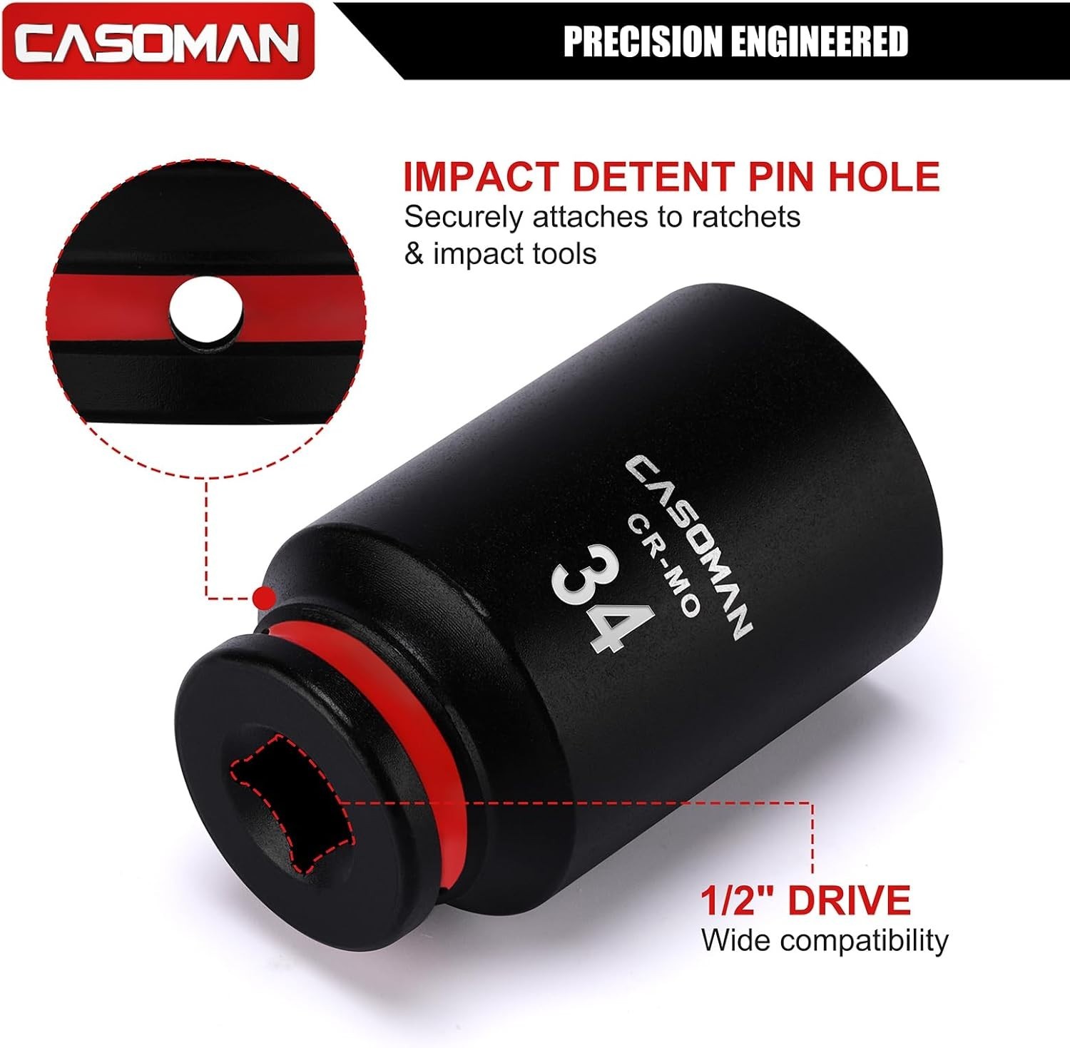 CASOMAN 1/2″ Drive x 34mm Deep Impact Socket, 6-Point, Metric, CR-MO