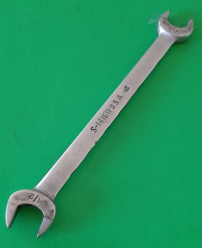 Snap-on Tools S1416W 1/2” x 7/16” 6pt Point Tapered Open-end Wrench USA ENGRAVED