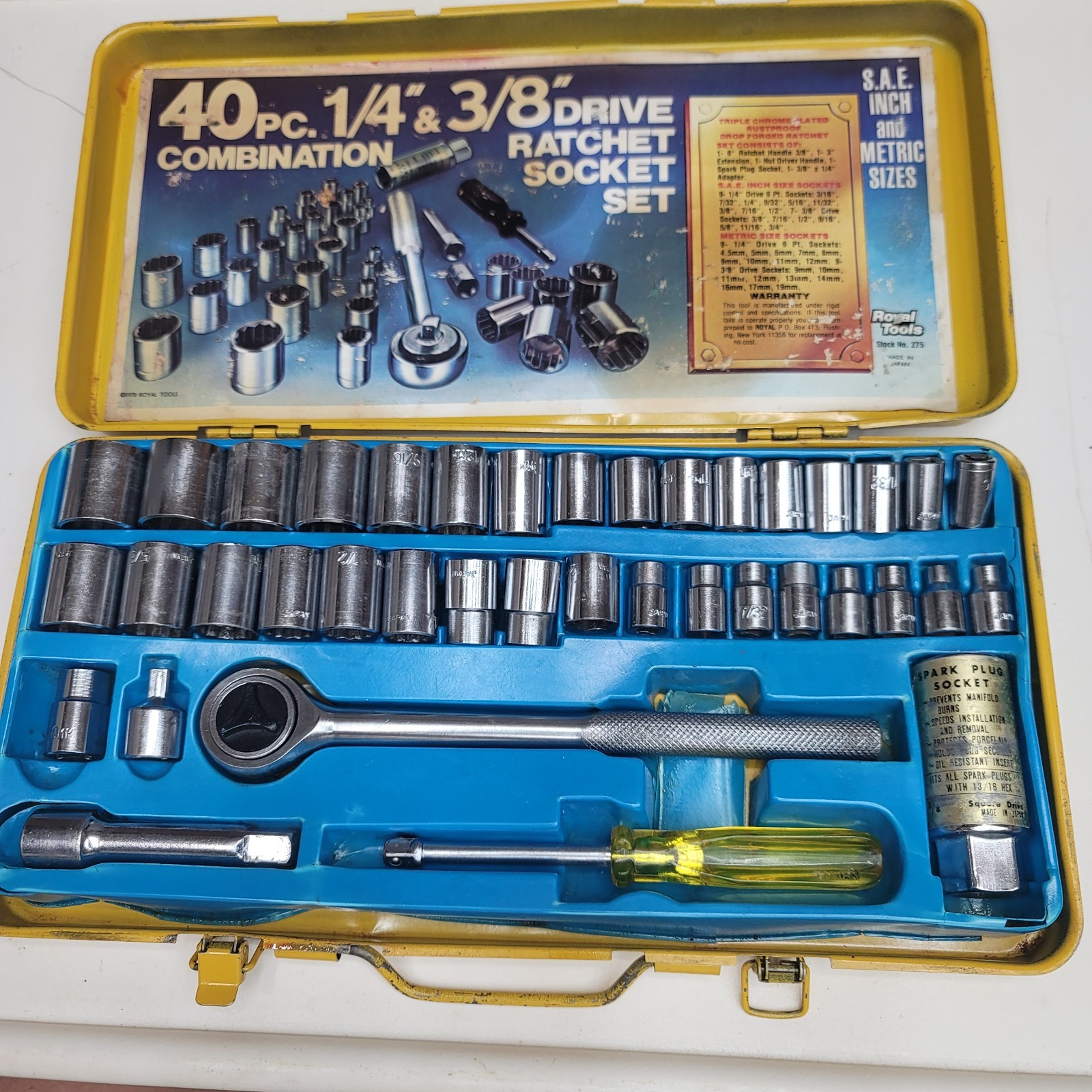 Vtg Royal Tools 40 Piece SAE & Metric Ratchet Socket Tool Set No. 275 Japan 1978