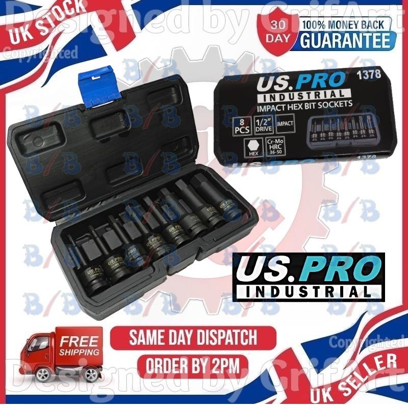 US PRO 8PC IMPACT HEX BIT SOCKET SET 1/2″ INCH DRIVE LONG ALLEN KEYS H5 TO H19