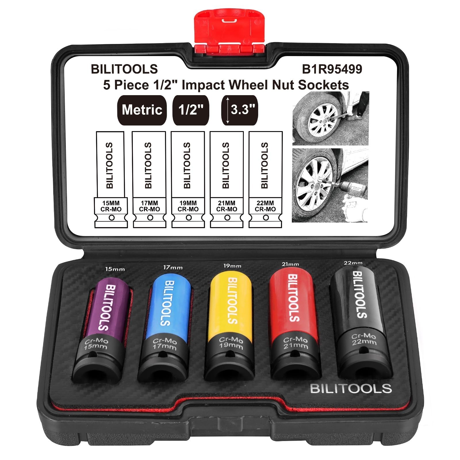 1/2″ Drive Impact Lug Nut Socket Set – 15mm 17mm 19mm 21mm 22mm Thin Wall Wheel