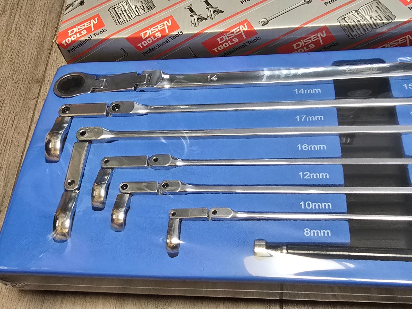 Disen XXL Double Flex Metric Ratcheting Double Box Wrench Set 8-19MM w/Foam Tray