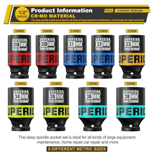 9-Piece 1/2″ Drive Impact Socket Set, 29mm-38mm Axle Nut, Metric CR-MO, 6-Point,