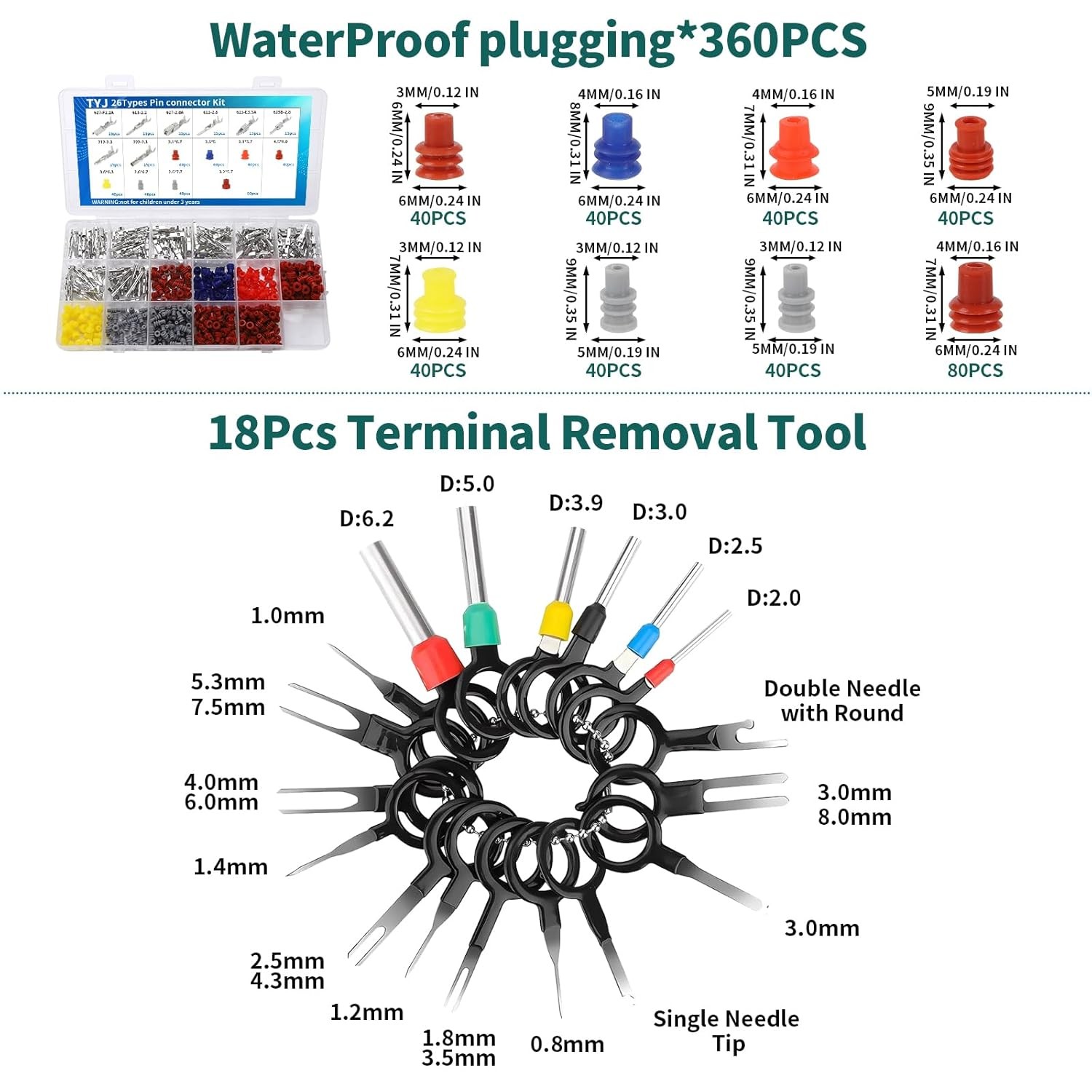 812Pcs Pin Connector Kit with 1.5mm, 1.8mm, 2mm, 2.2mm, 2.3mm, 2.8mm, 3.5mm