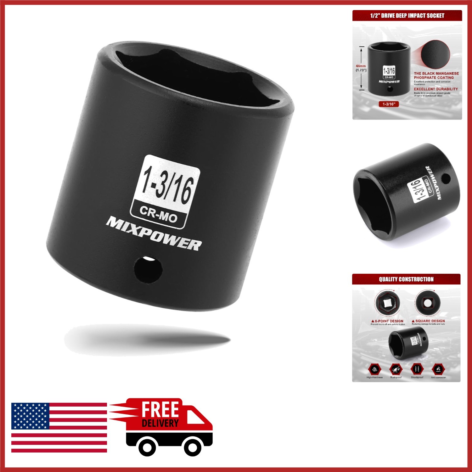 Shallow Impact Socket 1-3/16″ for 1/2″ Drive Tools Chrome Moly Steel