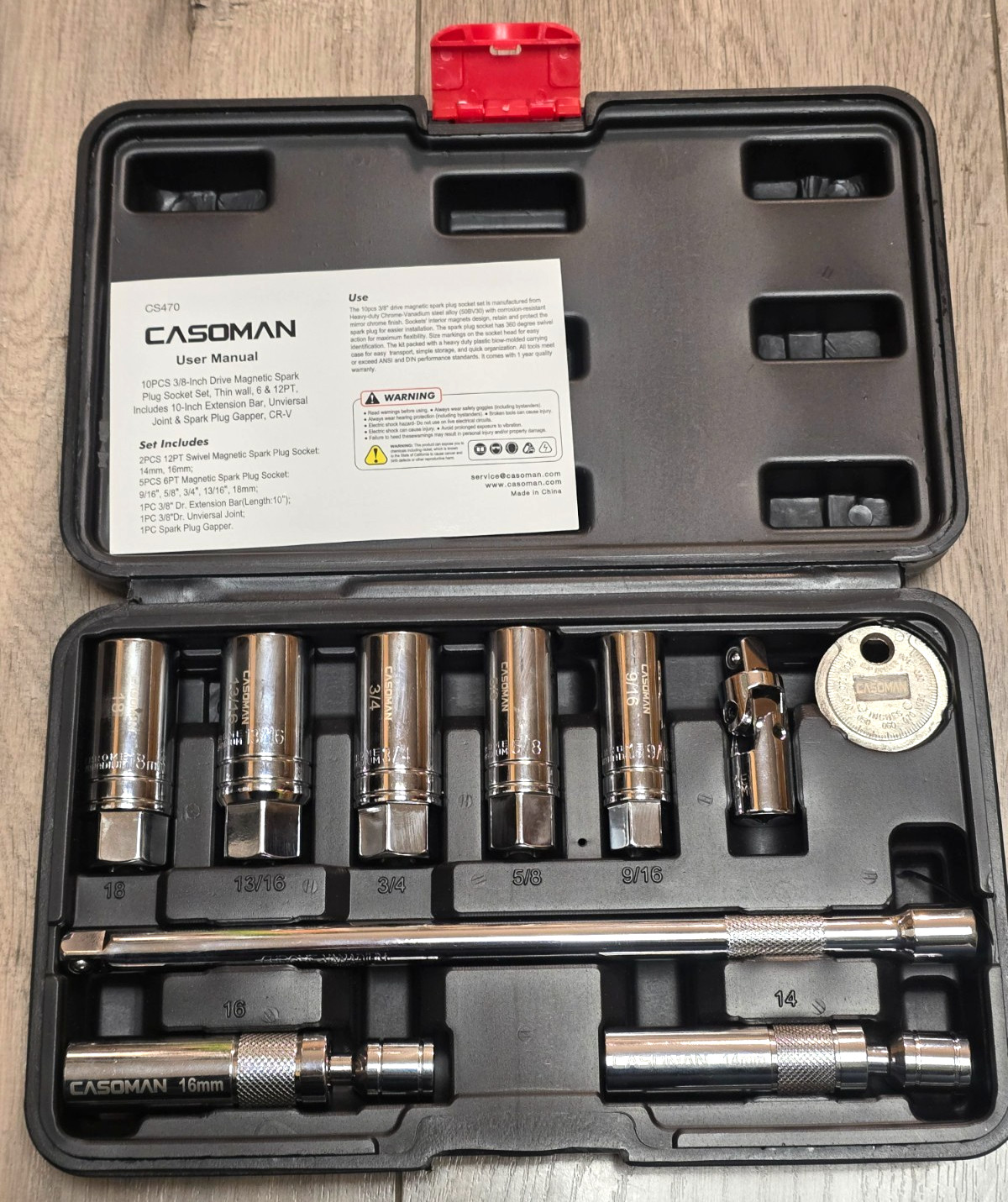 Casoman 10pc 9/16, 5/8, 3/4, 13/16, 14, 16 & 18mm Magnetic Spark Plug Socket Set