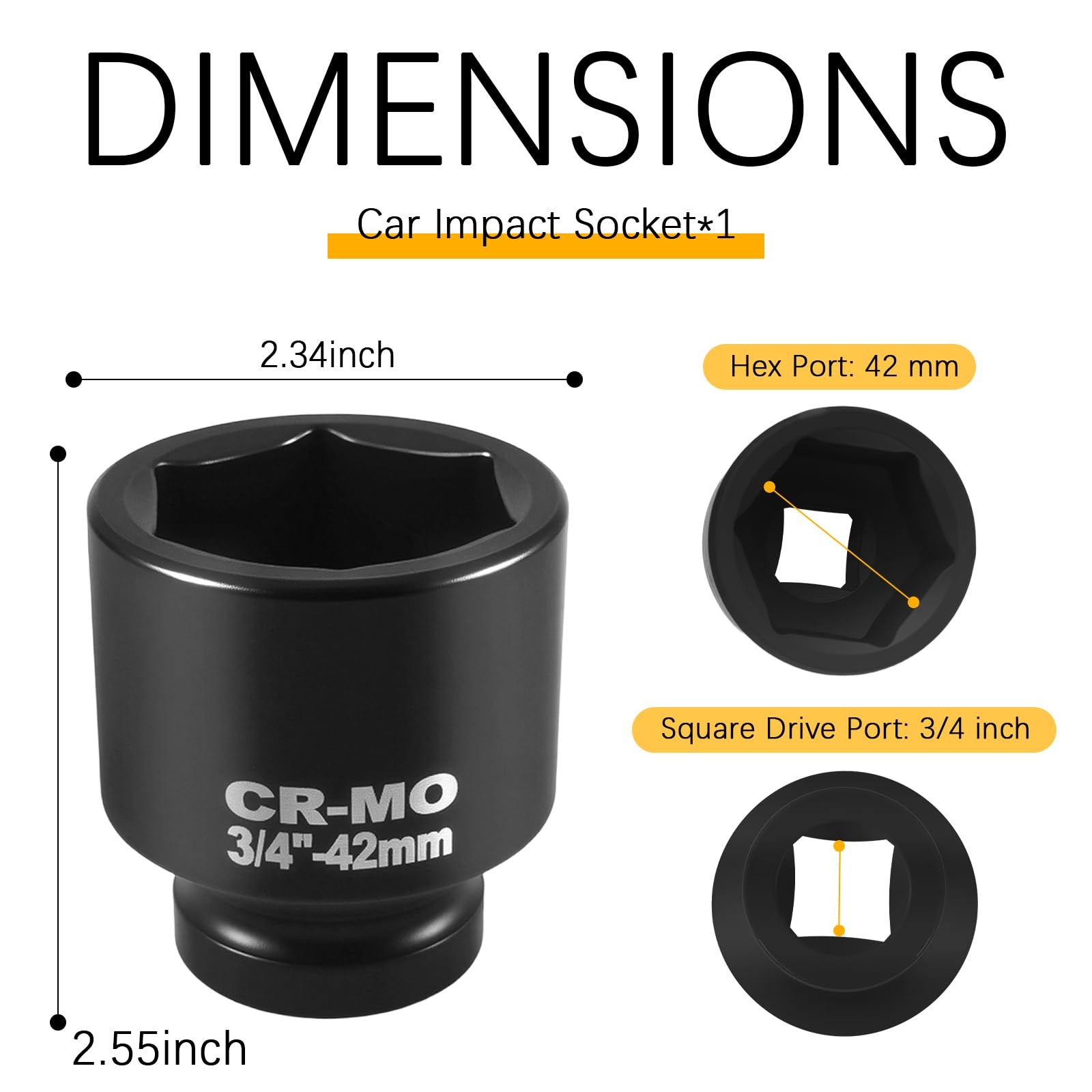 42mm Car Impact Socket with 3/4″ Drive 2.55*2.34*2.34 inch, 42mm-3/4″drive
