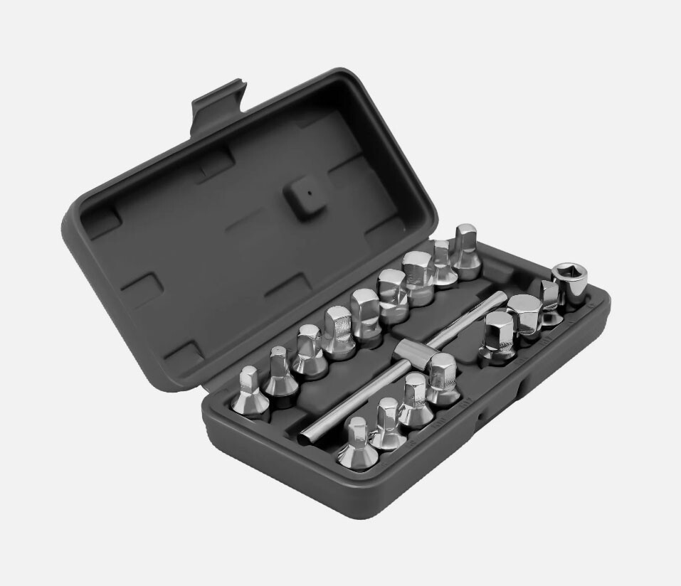 Oil Drain Pipe Plug Hexagon Square Socket Key Removal Tool Set 18Pcs 3/8»Drive