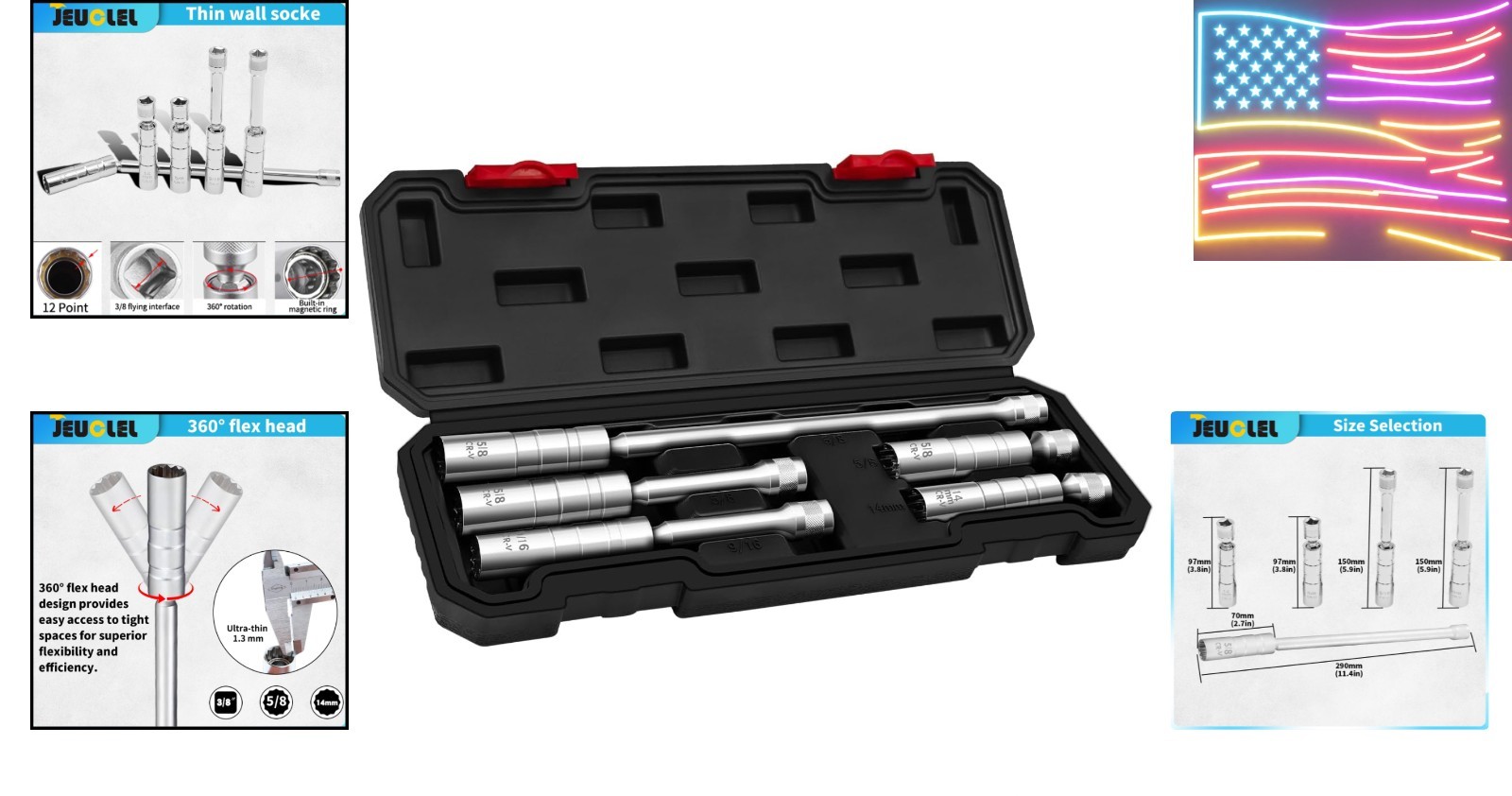 5PCS Magnetic Swivel Spark Plug Socket Set, 14mm Thin Wall Socket, 9/16″ 6-in..,