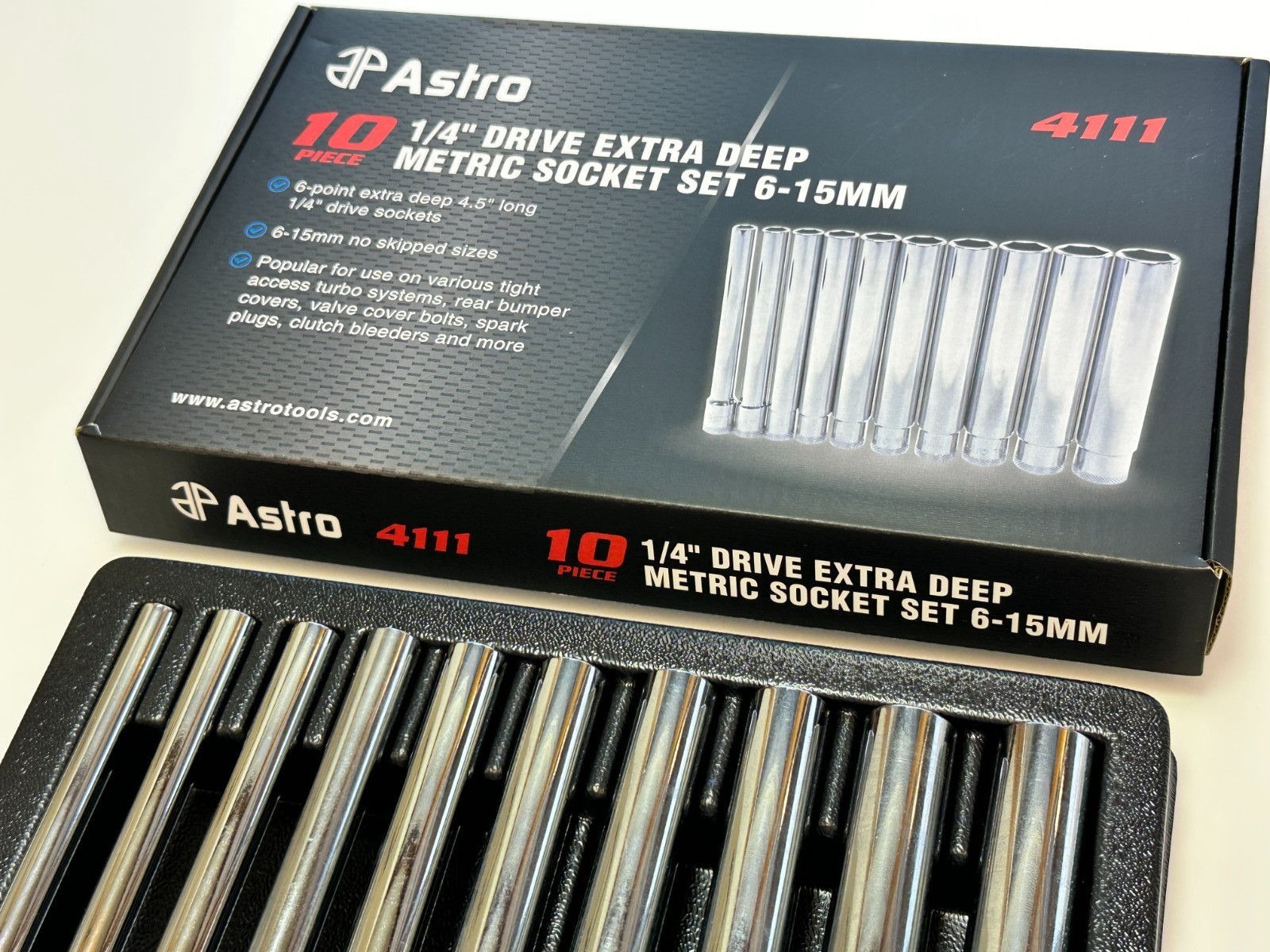 NEW ASTRO 10pc 4111 Extra Deep (4.5″ Long) Metric Socket Set 6mm-15mm 1/4″ Drive