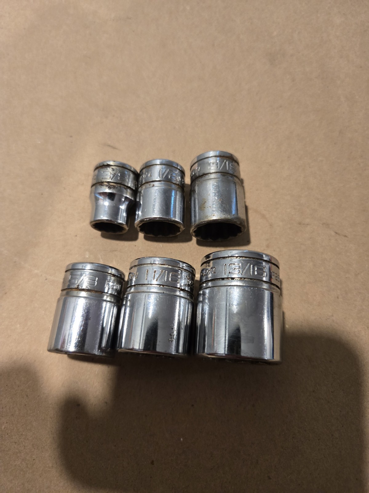 Snap On 3/8 Drive 3/8,1/2,9/16,5/8,11/16,13/16 12PT SAE Shallow Chrome Sockets