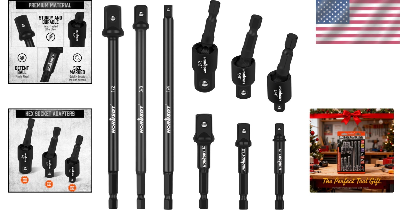 9-Piece Impact Drill Adapter Set – Compatible with 1/4″, 3/8″, and 1/2″