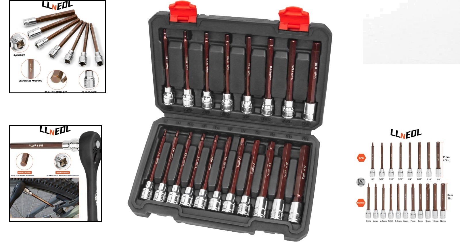 Extra Long 3/8 Inch Drive Hex Bit Socket Set – 19 SAE & Metric Sizes Included
