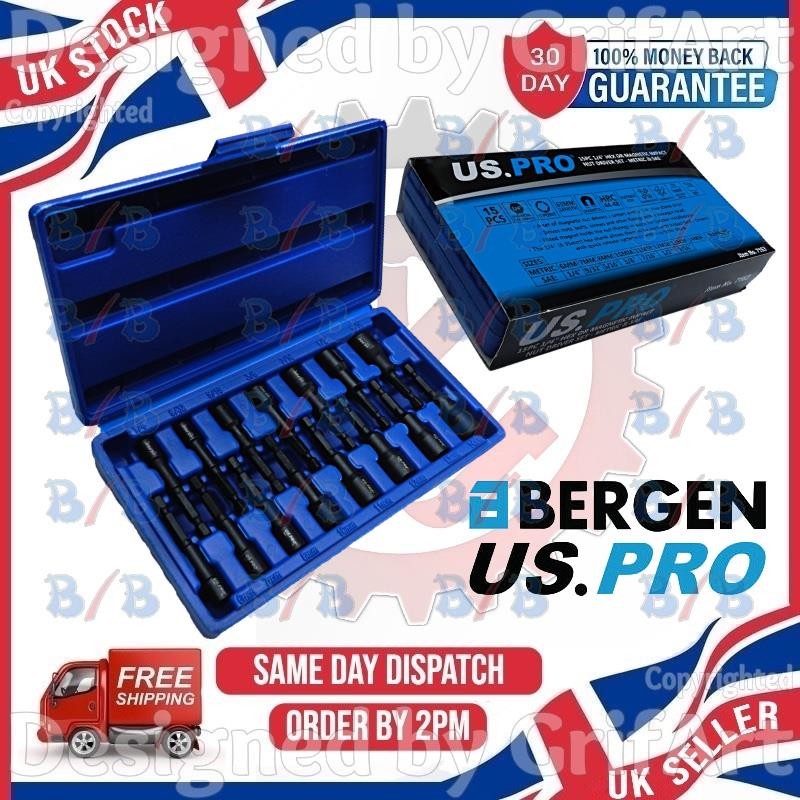 US PRO 15PC MAGNETIC METRIC IMPERIAL HEX IMPACT DRILL NUT DRIVER SET 1/4″ DRIVE