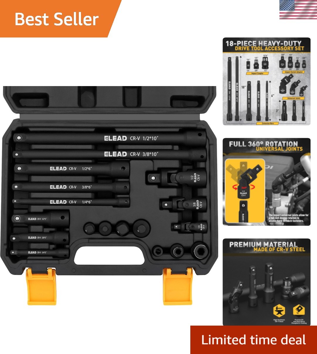 Professional 18-Piece Impact Socket Extension Set with Easy-Access Storage Case