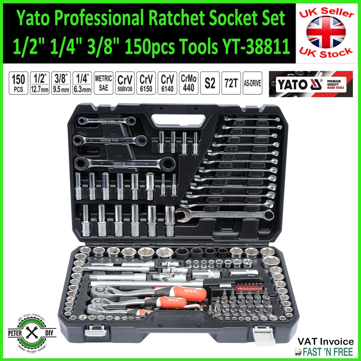 SOCKET SET RATCHET Yato Professional Tools 1/2″ 1/4″ 3/8″ 150pcs Tools YT-38811