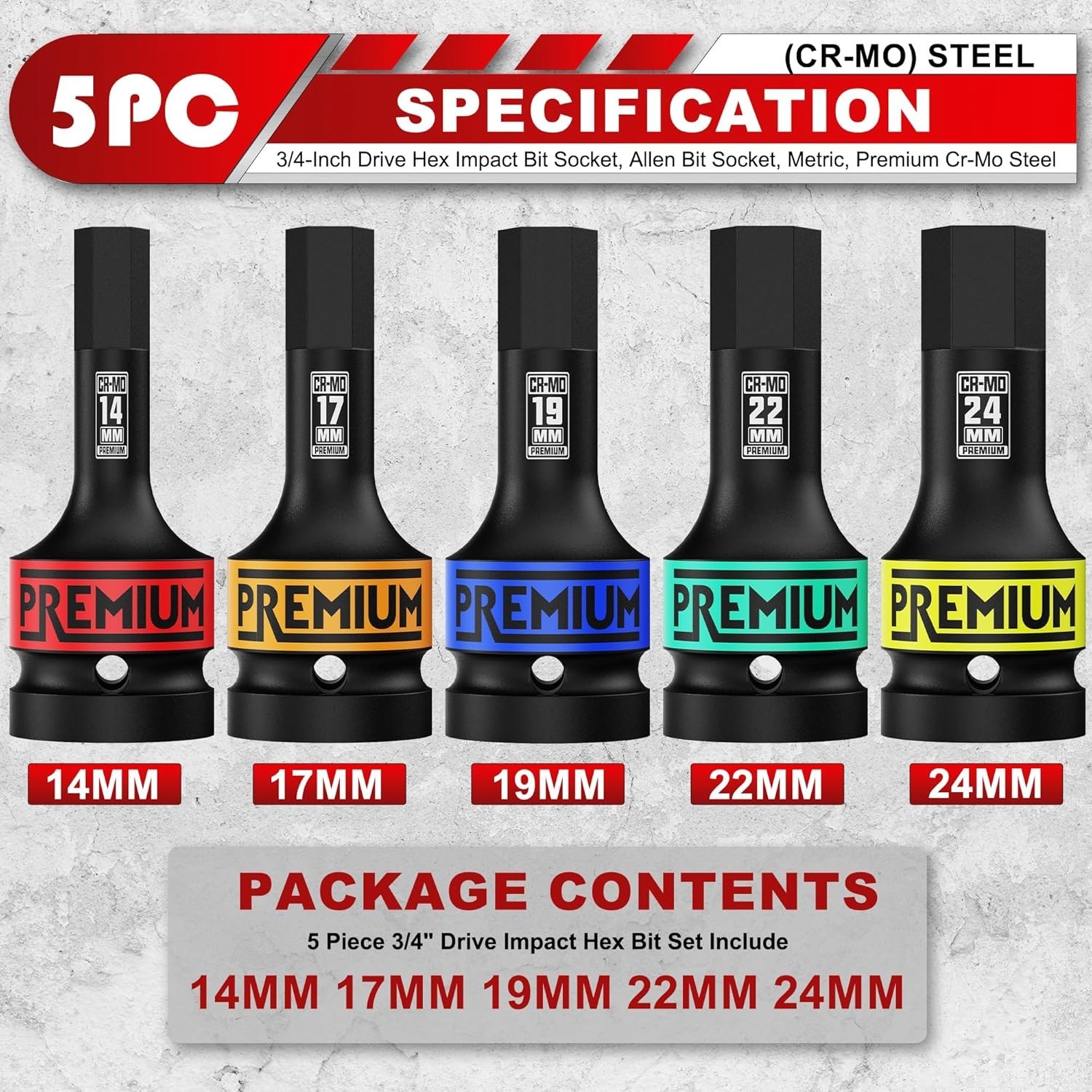 3/4″ Drive Impact Hex Bit Socket Set, Metric,14mm, 17mm, 19mm, 22mm, 24mm, Im…