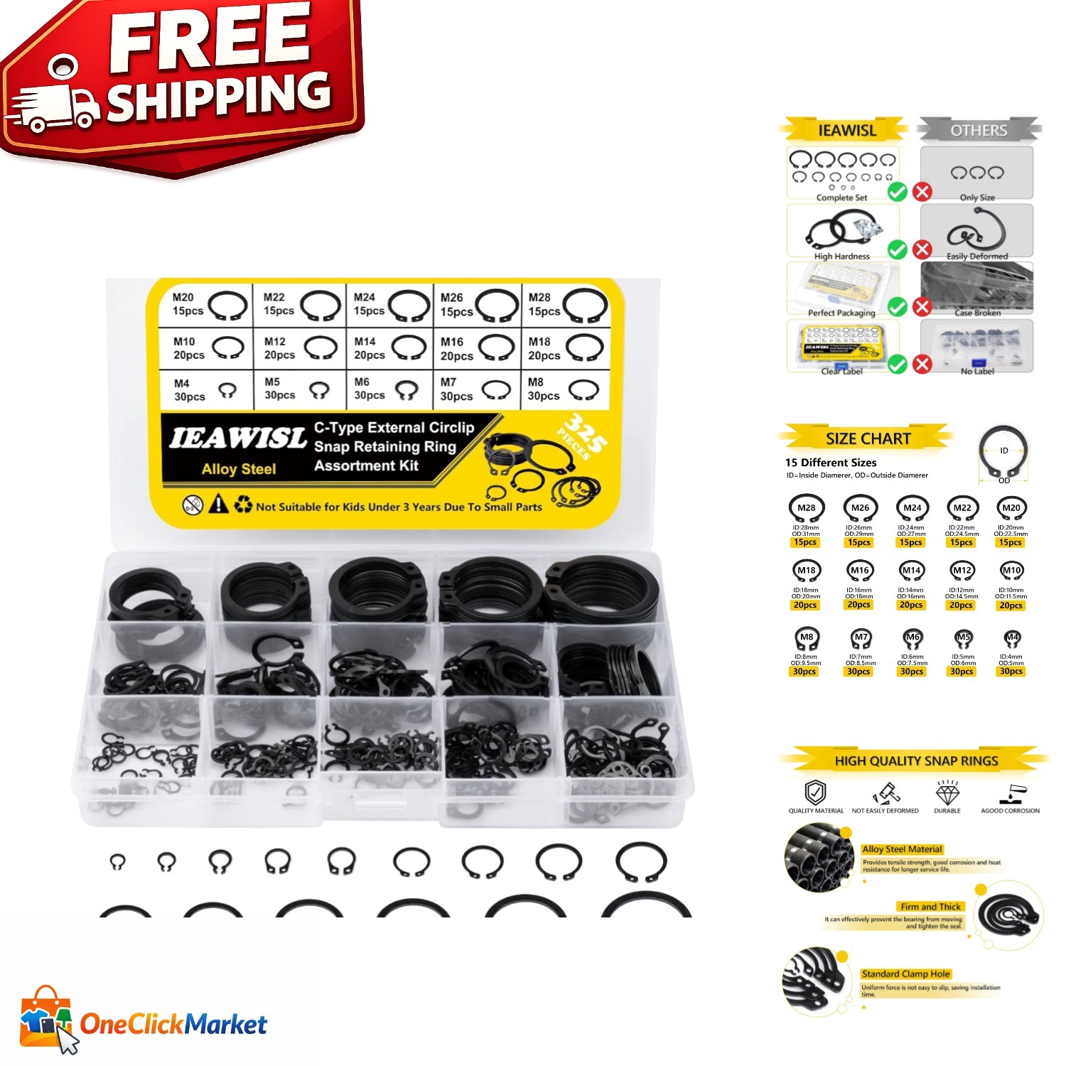 Complete 325-Piece Alloy Steel Circlip Set – 15 Sizes for Machinery and Vehicles