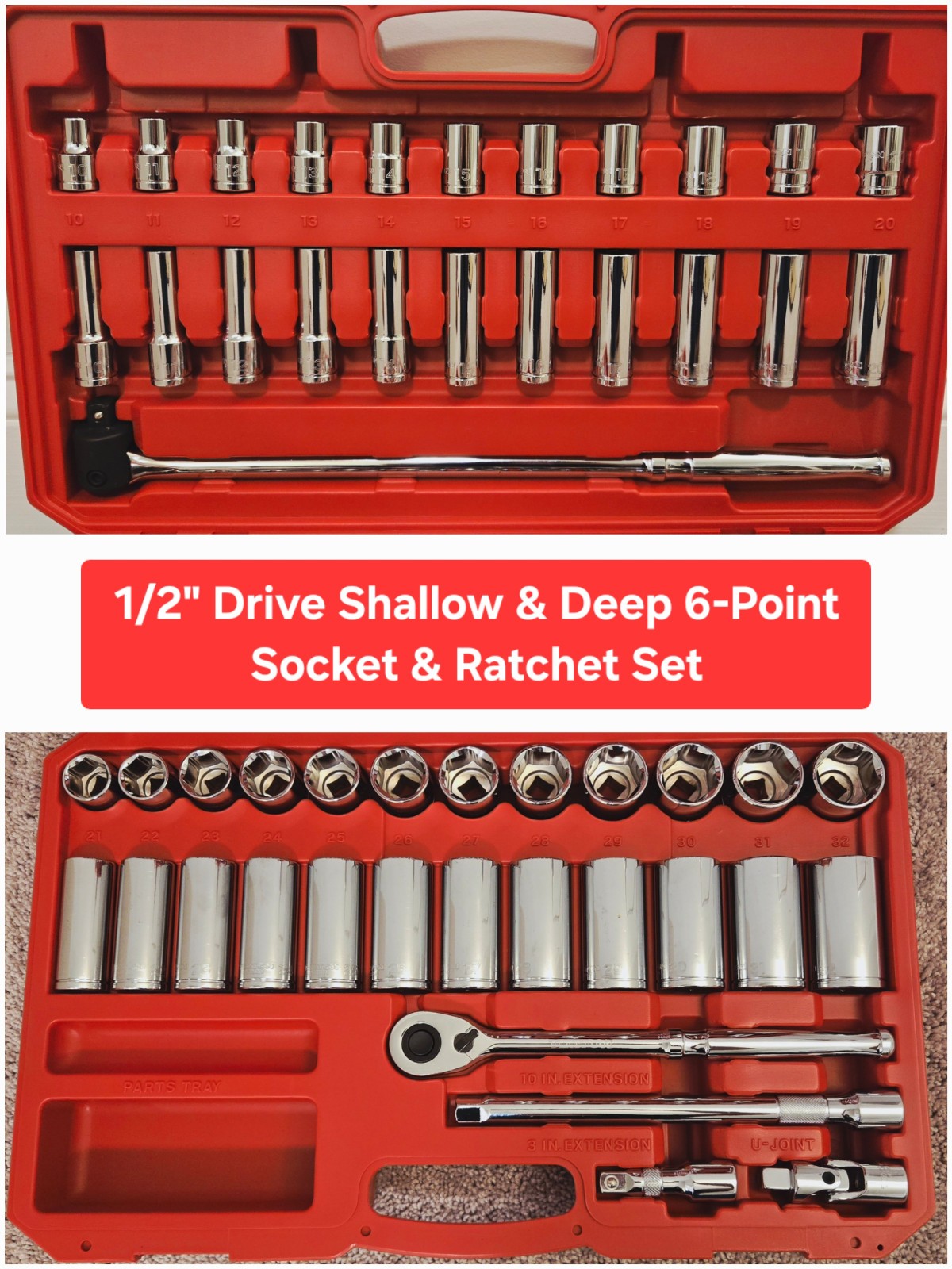 Tekton 1/2″ Drive Shallow & Deep 6-Pt Socket & Ratchet Set (10-32 mm) | SKT25201
