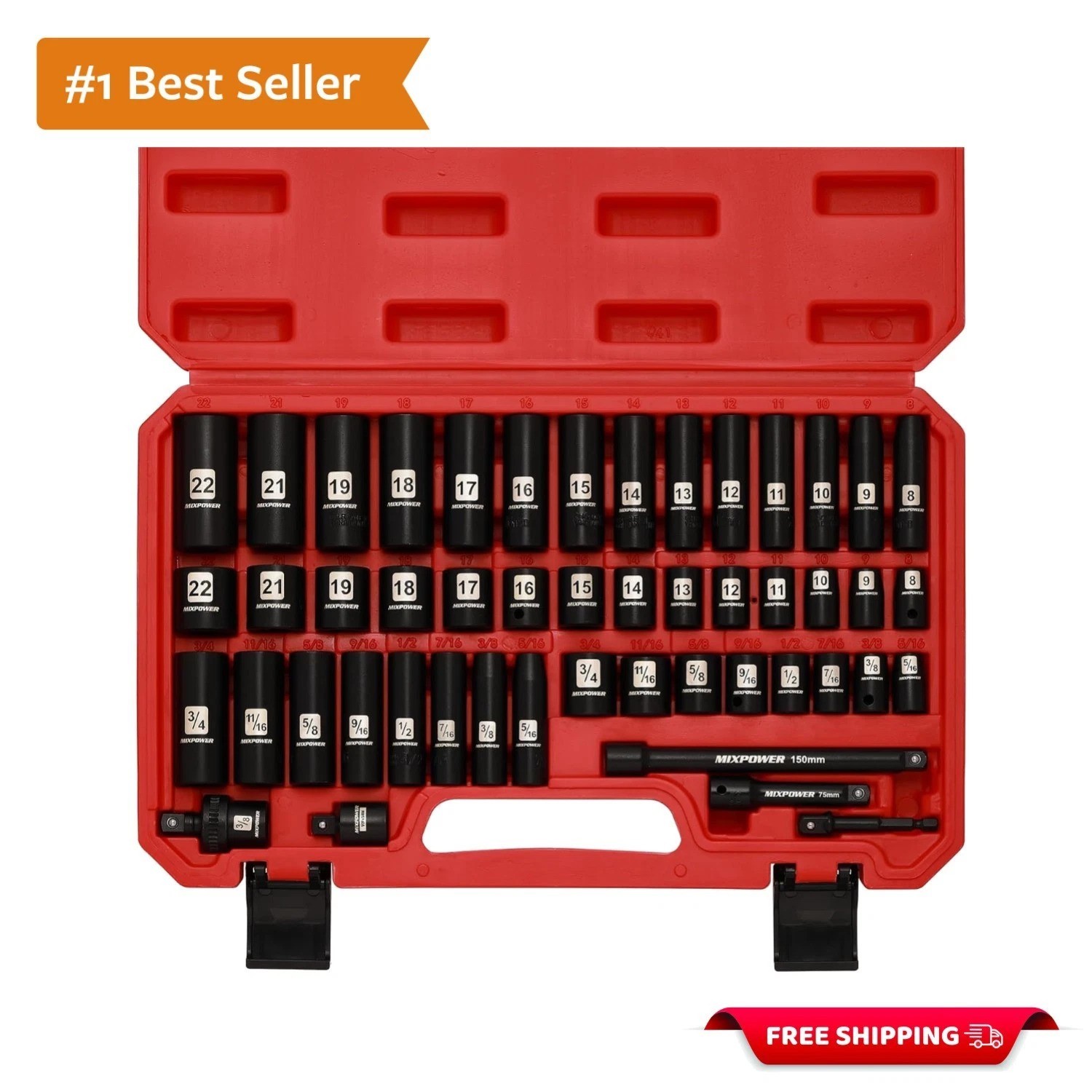 3/8″ Drive Deep Impact Socket Set, 6 Point, 49 Piece Standard SAE and Metric …