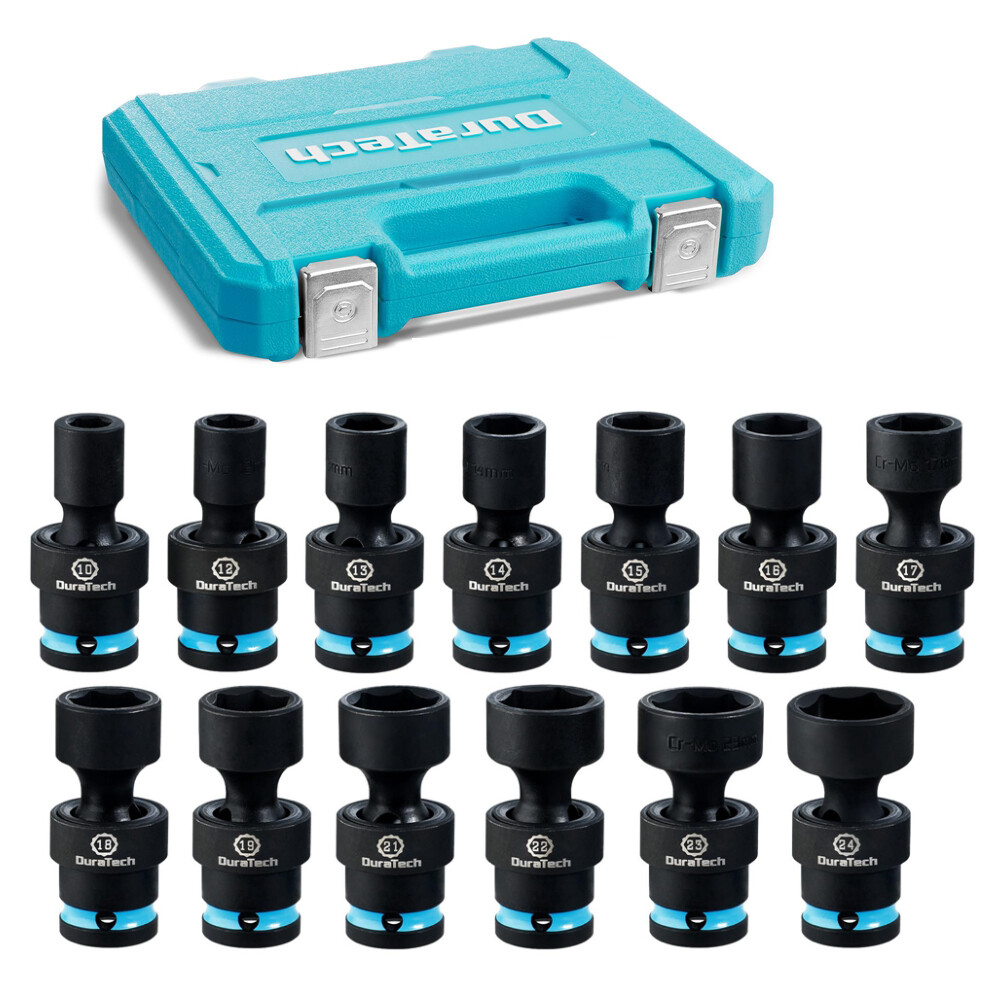 DURATECH 1/2″ Dr Swivel Socket Set 13PCS Shallow Universal Impact Metric 10-24mm
