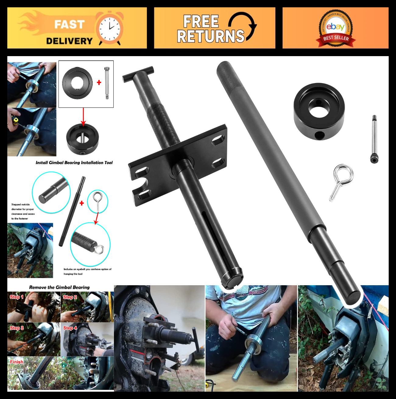 Gimbal Bearing Installer & Puller Tool Set for Mercruiser, Volvo, Yamaha Sterndr
