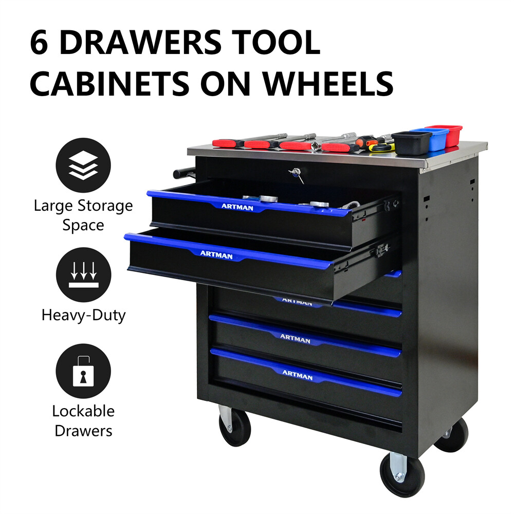 6 Drawers Rolling Tool Box Cart Tool Storage Cabinet Steel Tool Chest w/ Wheels