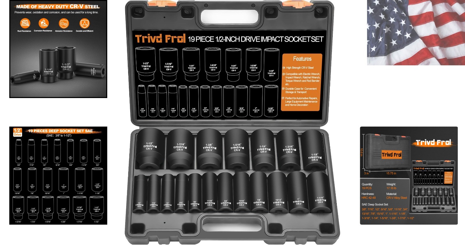 SAE Impact Socket Set – 1/2″ Drive, 19pc Deep Socket Set 3/8″ to 1-1/2″, Cr-V…
