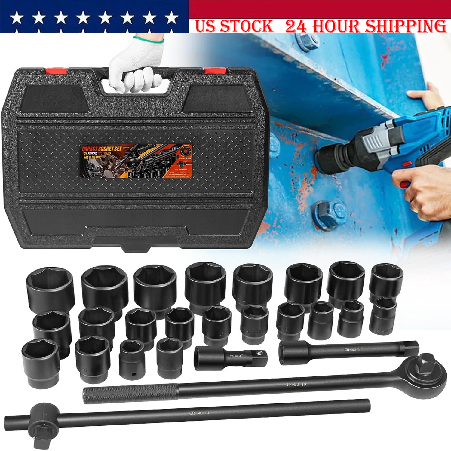 27Pcs 3/4-Inch Drive SAE & Metric Impact Socket Set for Trailers Trucks Tractors