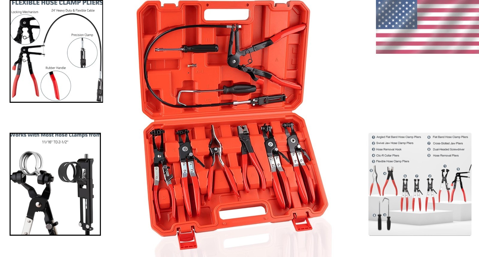 Professional 9PC Hose Clamp Pliers Long Auto Repair Tool Kit