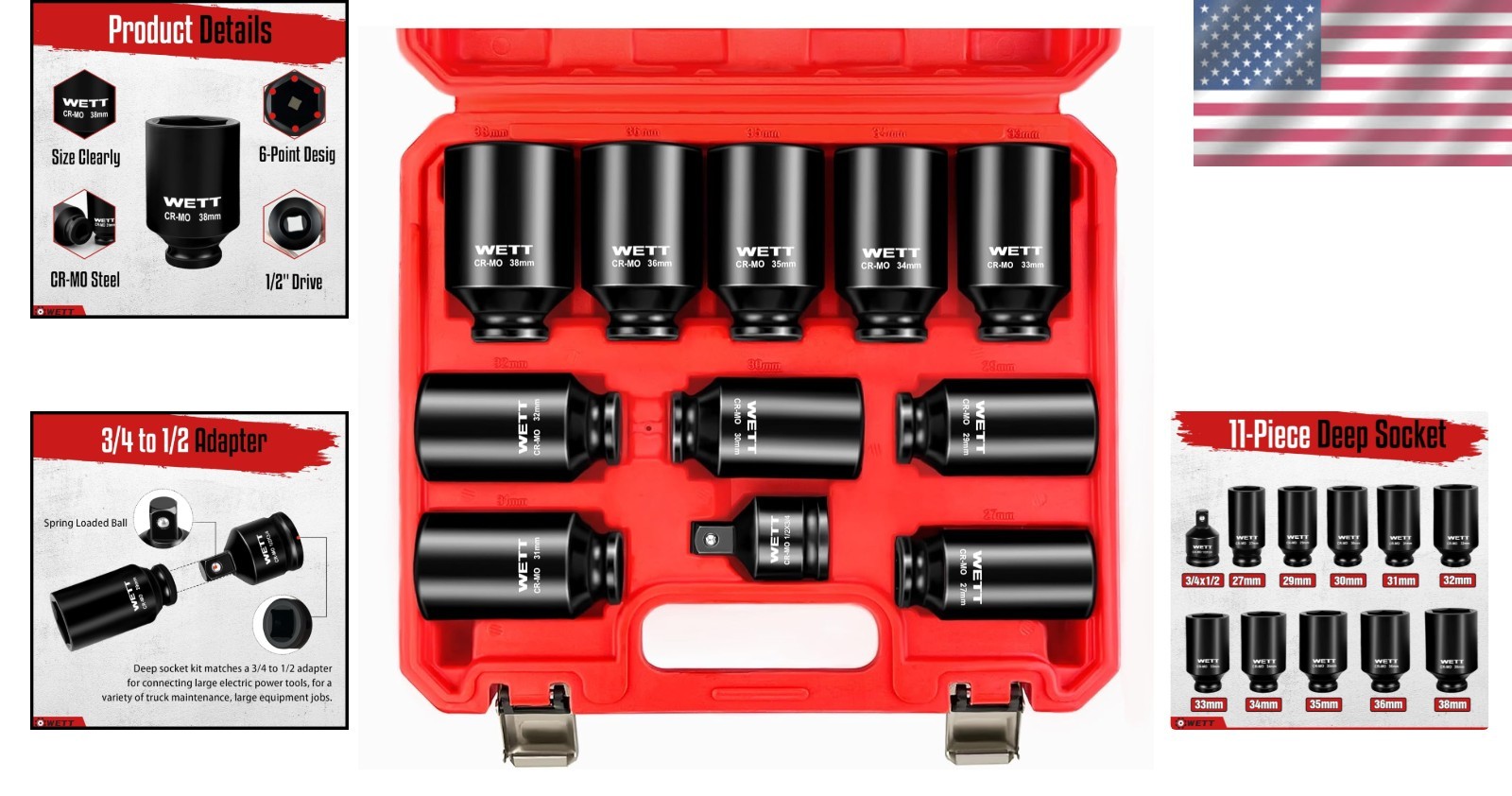 Chrome Molybdenum 11-Piece Deep Socket Set, Metric 6-Point with Storage Case