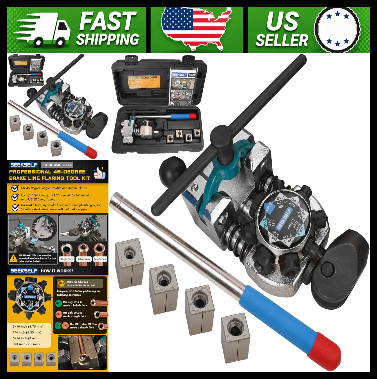 Brake Line Flaring Tool Kit for 45° Single Double Bubble Flares 3/16-3/8in
