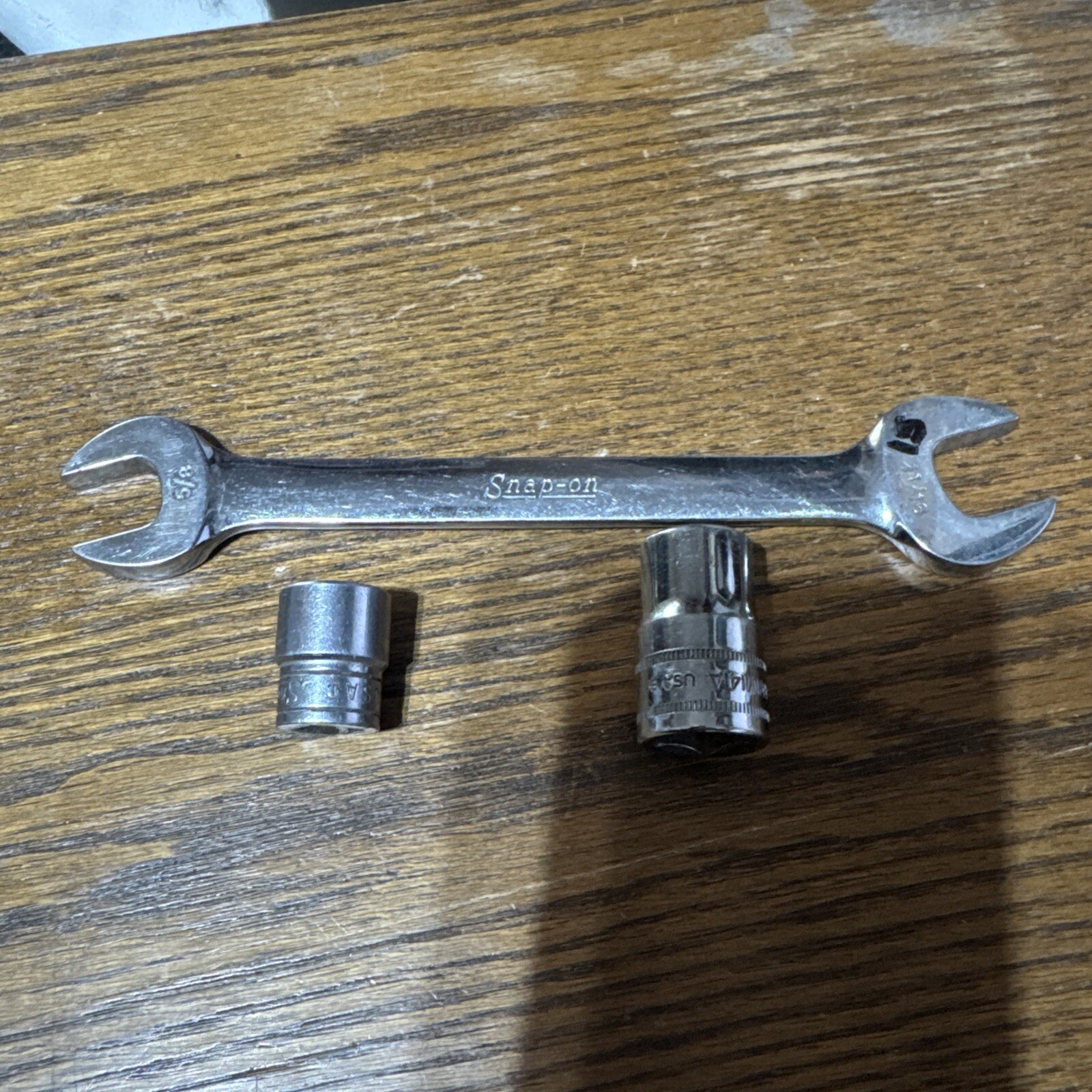 3 snap on 1/2 inch drive socket 14mm 1 3/8 drive 9/32 Open end wrench 11/16 5/8
