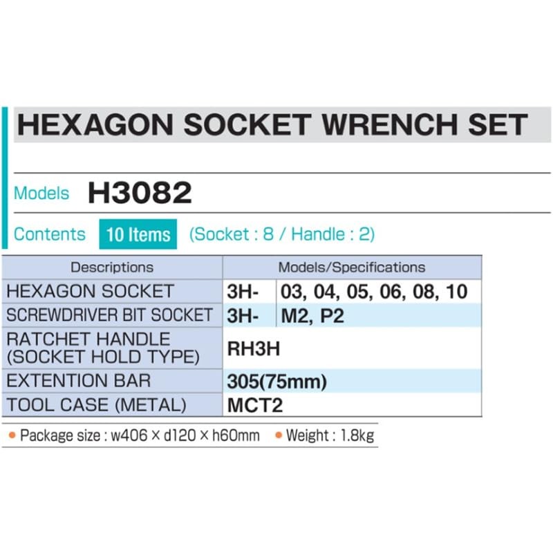 TONE H3082 Hexagon Socket Wrench Set 9.5mm 3/8″ Drive 10pc with Case Silver