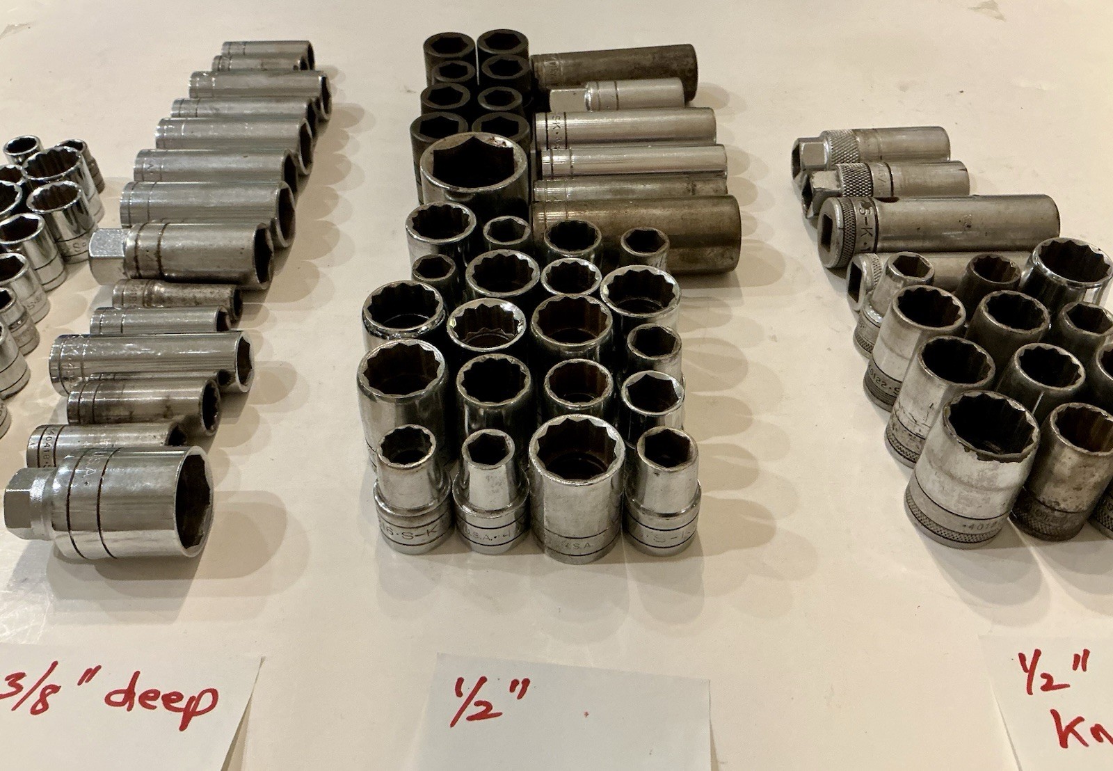 S-K Sockets, Lot Of 105 Sockets, `1/4, 3/8 & 1/2” Drive, Standard, Deep, Impact