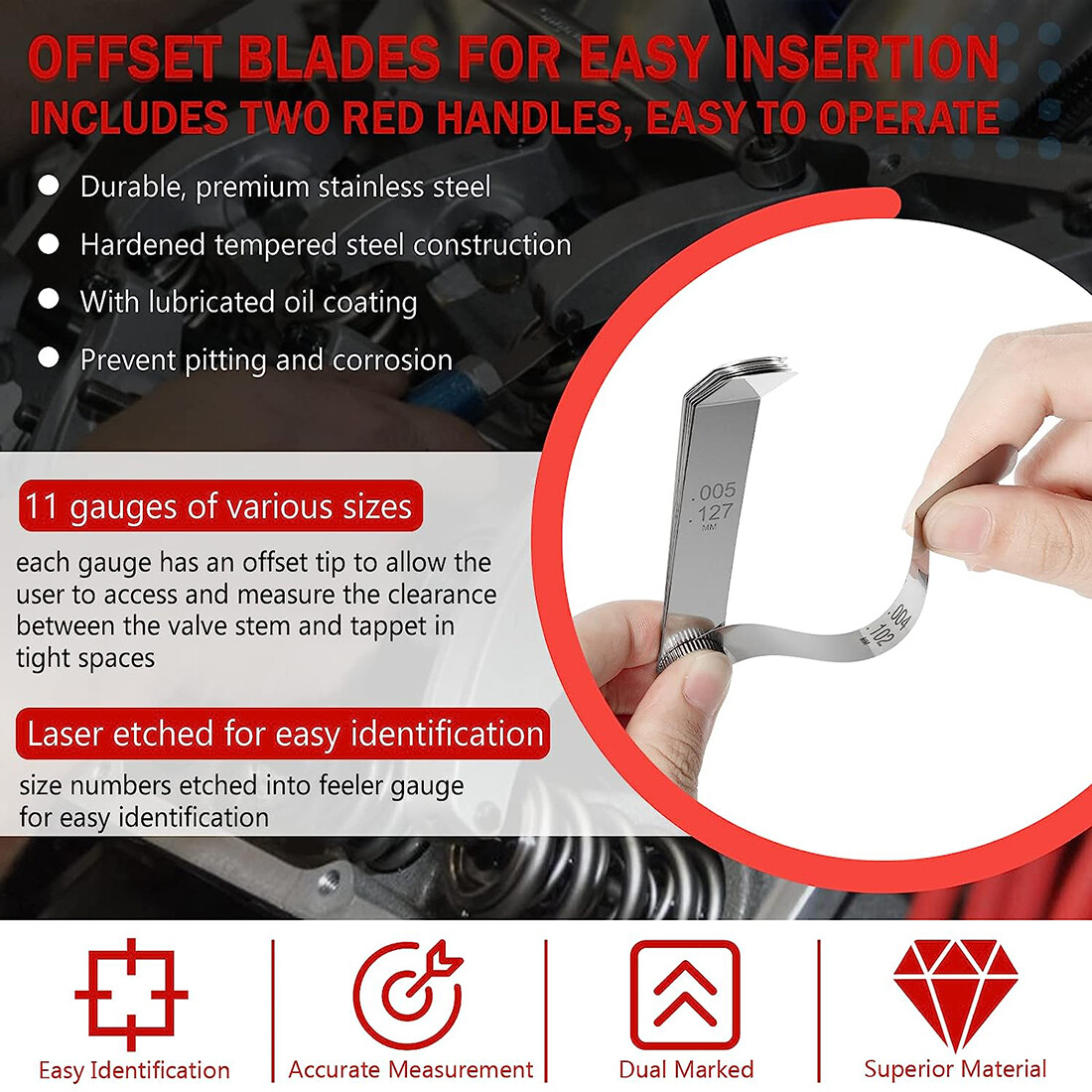 A308 Offset Valve Tappet Gauge 11-Blade Feeler Gauge Kit Sizes 0.004″ to 0.014″