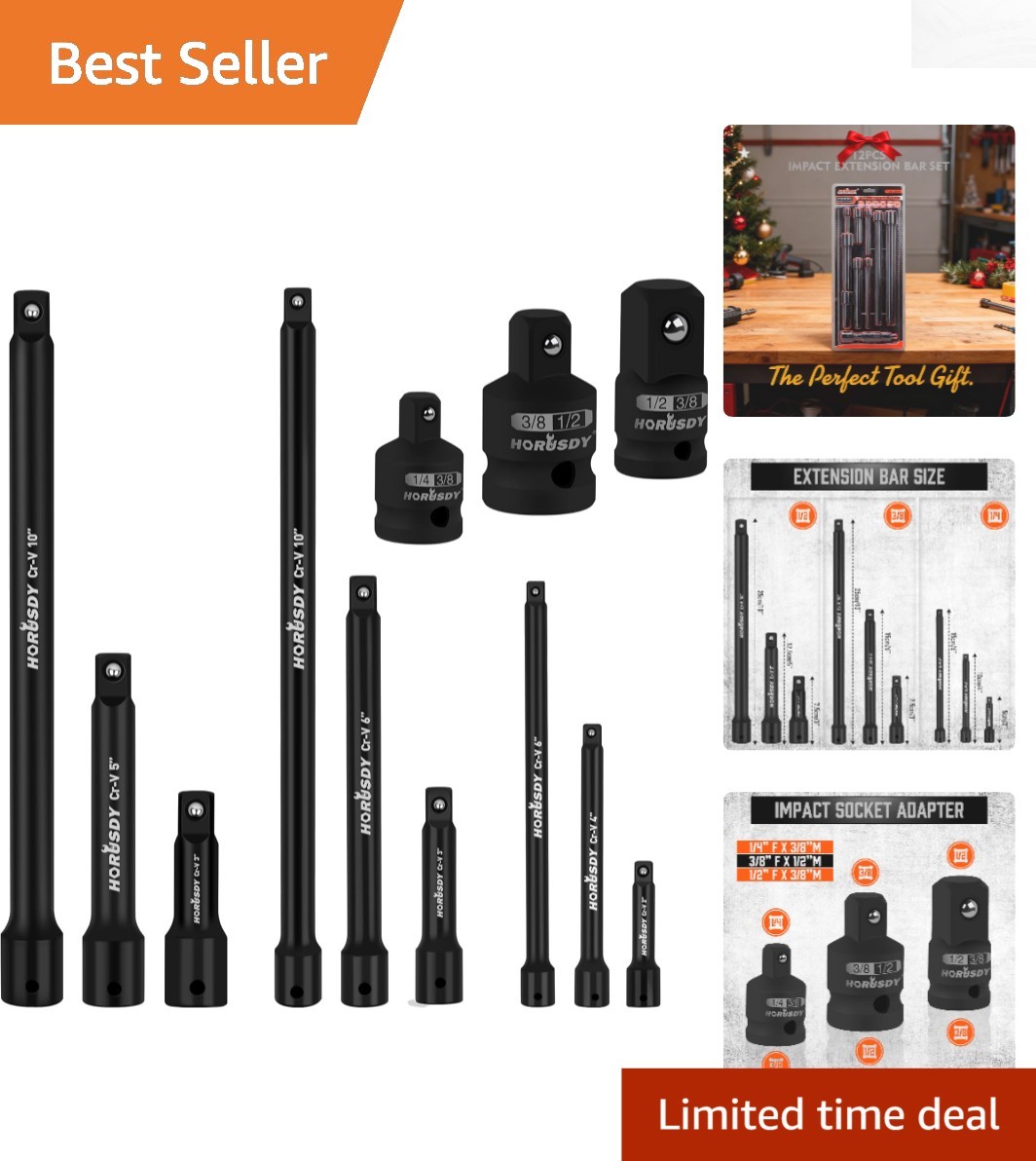 12-Pc Impact Drive Socket Extension Set – CR-V Steel with Adapters & Storage