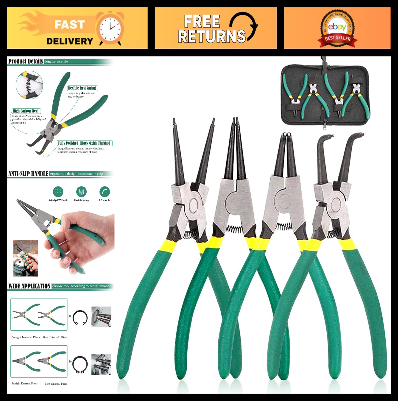 4pcs 7-Inch Heavy Duty Snap Ring Pliers Set – Internal/External Circlip Kit, CR-